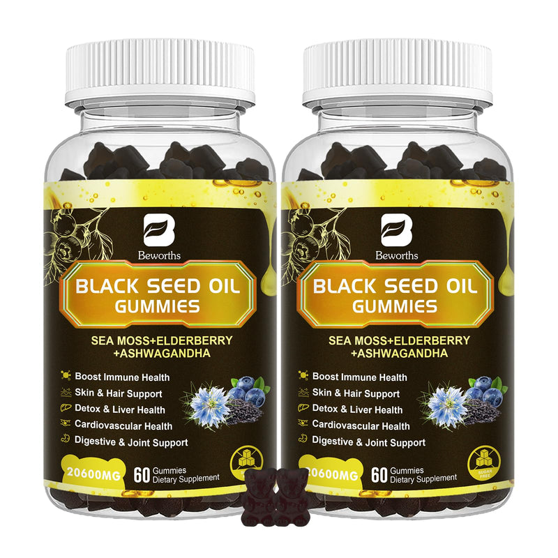 [Australia] - Black Seed Oil & Sea Moss Gummies, 2Pack Irish Sea Moss Gummies with Black Seed Oil, Ashwagandha Extract, Elderberry, Turmeric, Vitamin C, Vitamin D3 - Immune Support, Joints, Digestion, Hair & Skin 120 Count (Pack of 1) 