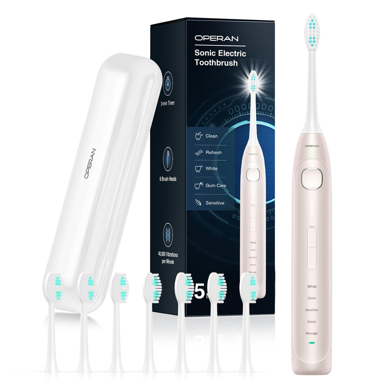 Operan Electric Toothbrush for Adults and Kids Rechargeable Sonic Toothbrush with 5 Modes 2-Min Smart Timer IPX7 Waterproof 40,000 VPM Motor with 8 Brush Heads & Travel Case (Champagne, 1Pack) Champagne