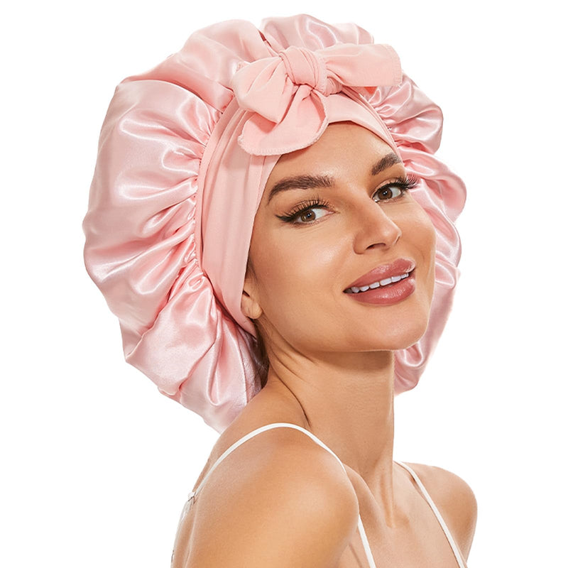 [Australia] - Large Silk Bonnet for Sleeping, Satin Hair Bonnet for Sleeping with Tie Band, Double Layer Satin Bonnets for Women Natural Curly Hair Shower cap Sakura Pink 
