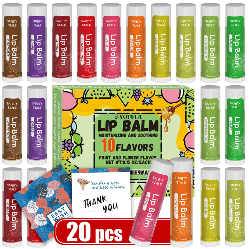 20 Pack Natural Lip Balm Bulk with Vitamin E and Coconut Oil Valentine's Best Choice - Moisturizing, Soothing, and Repairing Dry and Chapped Lips - 10 Flavors - Non-GMO 1 Count (Pack of 20)