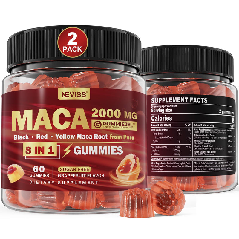[Australia] - 2 Pack Sugar Free Maca Root Gummies 2000mg with Ashwagandha, Tribulus Terrestris, Rhodiola, Panax Ginseng, L Arginine & L Tyrosine - Organic Black Red Yellow Maca Root for Women Men Energy Support 120 Count (Pack of 2) 
