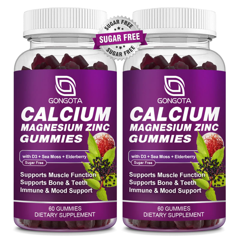 Calcium Magnesium Zinc with Vitamin D3 Supplement, Highly Absorbent Calcium Gummies with 300mg Magnesium glycinate Support Bone & Teeth, Muscle for Adults and Teens,Sugar Free, Vegan (2 Pack) Elderberry 60 Count (Pack of 2)