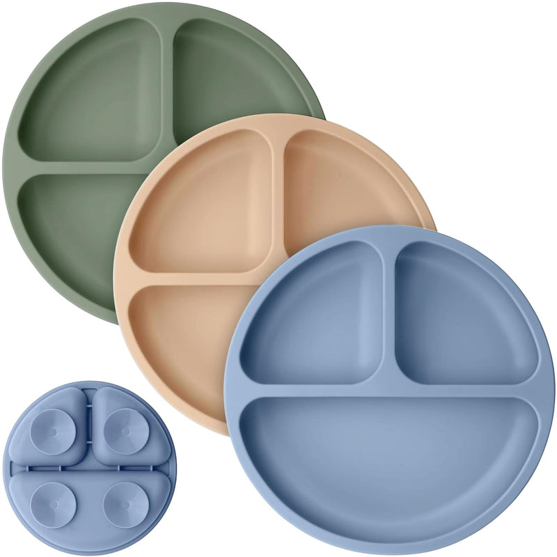 [Australia] - Cutebe 3 Pack Suction Plates for Baby Food Grade Silicone Baby Plates with Suction Microwave & Dishwasher Safe Toddler Plates Divided Design & Raised Edges Toddler Dishes for Feeding Blue/green/brown 