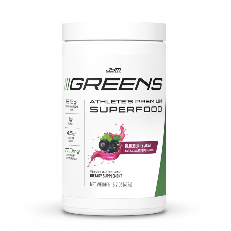 JYM Greens Super Food Powder for Performance, Blueberry Acai, Spirulina, Mushrooms, Vitamins, BroccoPhane & Broccoli, Men & Women, 30 Servings | Superfood Blend with Barley Grass, Beet Root, Vitamins, & More, Antioxidant Support, Enhanced Nutrient Abso...