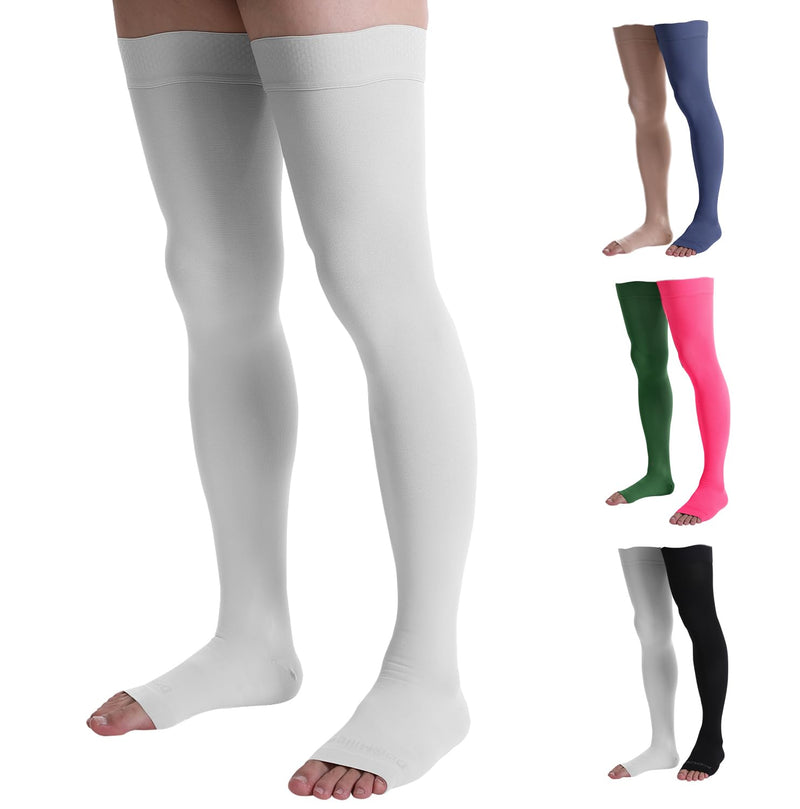 [Australia] - Doc Miller Thigh High Open Toe Compression Hose 20-30 mmHg Opaque Stockings Small White 
