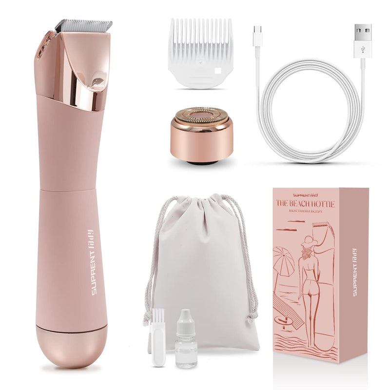 [Australia] - SUPRENT Bikini Trimmer Women- Painless Ladies Hair Removal Waterproof Wet & Dry- 2 in 1 Lady Shaver for Pubic Hair & Facial Hair- Cordless Electric Razors with USB-C Rechargeable-Pink Pink 