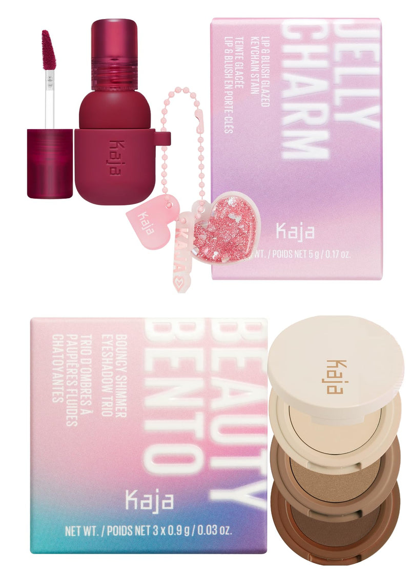 [Australia] - Kaja Lip & Blush Glazed Keychain Stain - Jelly Charm 01 Cherry Spritz + Beauty Bento Collection - Bouncy Eyeshadow Trio 14 Neutral Moment, 0.03 Oz Bundle 