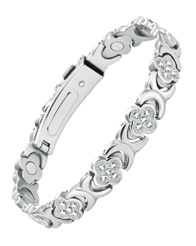 [Australia] - Feraco Magnetic Bracelets for Women with 3800 Gauss Effective Magnets, Stainless Steel Bracelet with Sparkling Zirconia, Infinite Symbol Silver Clover 