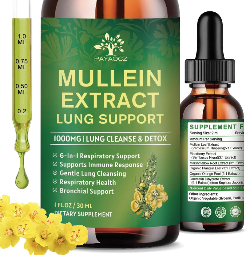 [Australia] - 5-in-1 Mullein Drops for Lungs - Mullein Leaf Extract for Lungs Detox and Respiratory Lung Health - Mullein Tincture with Elderberry, Marshmallow & Ginger Root for Bronchial Support - 60 Servings 
