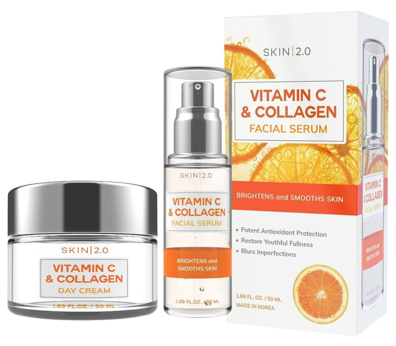 Skin 2.0 Vitamin C & Collagen Serum & Day Cream Set - Anti-Aging, Dark Spot Remover & Brightening - Dermatologist Tested Korean Skincare - Clean Beauty, Cruelty-Free, All Skin Types - 1.69 Fl. oz Vitamin C & Collagen Serum + Moisturizer