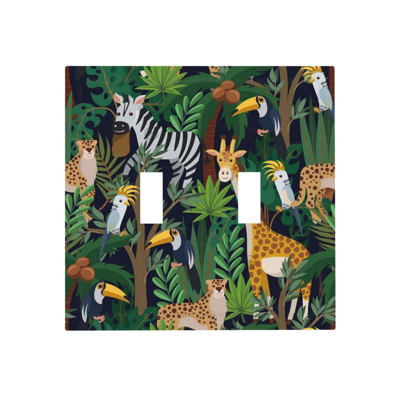 [Australia] - Cartoon Animal Zebra Leopard Giraffe Bird Leaf Double Toggle Nursery Light Switch Covers Decorative 2 Gang Wall Plate Dual Electrical Faceplate Switchplate for Kidroom Living Room Decor 2-Gang Toggle / 5 x 4.9 IN 