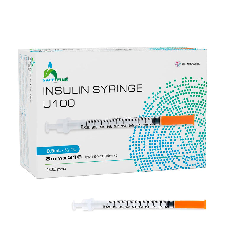 [Australia] - Safe Fine U-100 Insulin Syringes 8 mm 31G (5/16" x 0.25 mm) 0.5 ml/cc 100 Pcs/Box 8mm 31G 