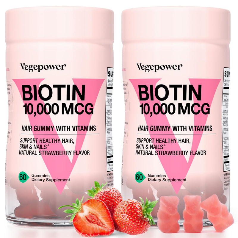 Biotin Gummies 10000mcg Supplements - with Vitamin C, A, D, B-Complex, Folate, Zinc for Women & Girls- Vegan Biotin Hair Growth Gummy for Healthy Hair and Nails, Non-GMO, Strawberry, 120 Bear Fruit 60 Count (Pack of 2)