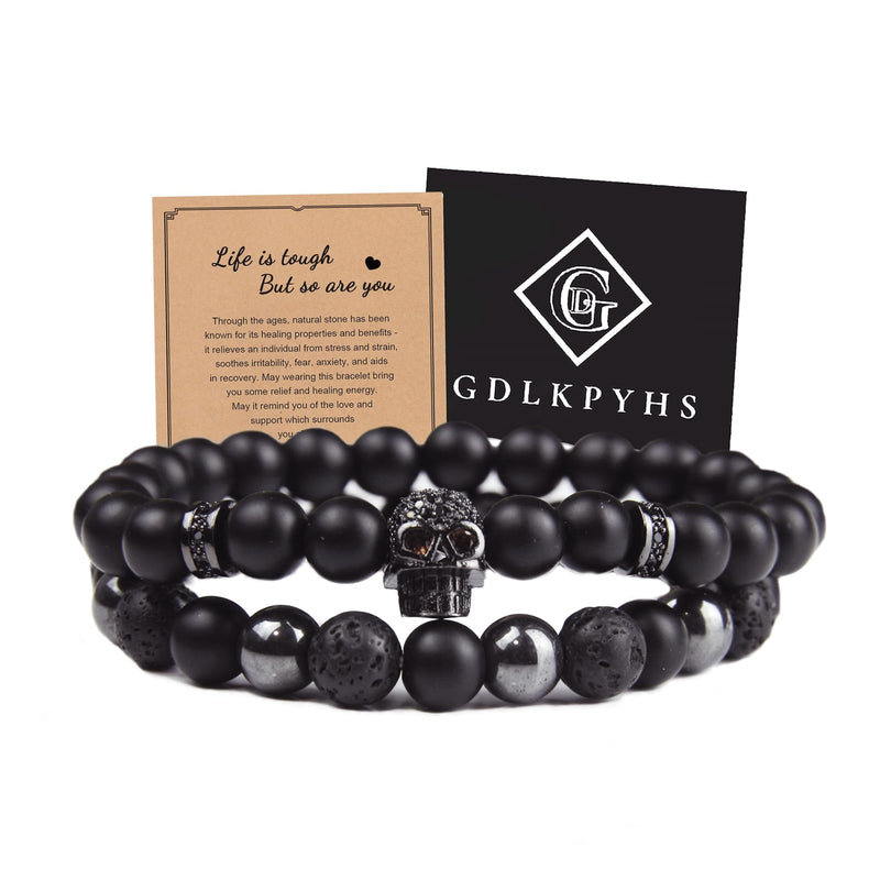 [Australia] - Black Obsidian Bracelet for Men - Black Tourmaline Beaded Bracelets - Mens Bracelet Set 8MM Black Onyx Hematite Lava Stone Beads Triple Protection Bracelet for Men Women Gifts Skull 