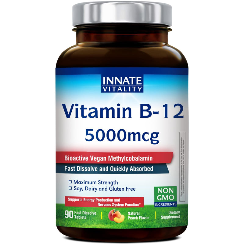 Innate Vitality Vitamin B12 5000mcg, Sublingual, Vegan Methylcobalamin, Fast Dissolve Tablets, Natural Peach Flavor, Supports Energy Production & Healthy Nervous System, 90 Tablets 90 Count (Pack of 1)
