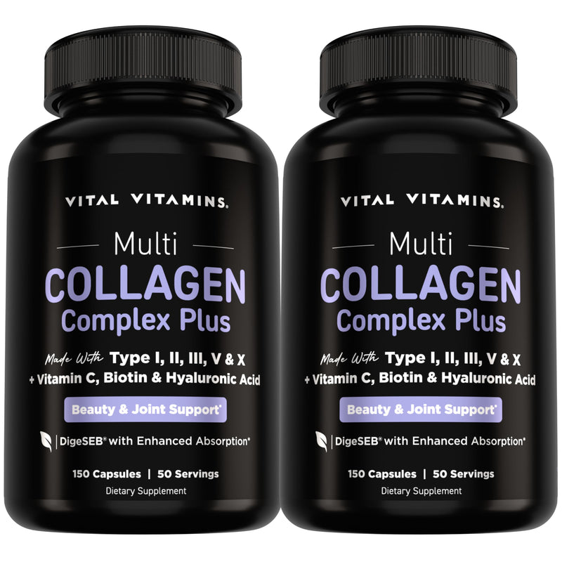 Vital Vitamins Multi Collagen Complex Plus Biotin, Hyaluronic Acid & VIT. C | Hair, Skin, & Nails Supplements for Women and Men, 5 Collagen Types I II III V & X, 150 Capsules (2-Pack) 150 Count (Pack of 2)