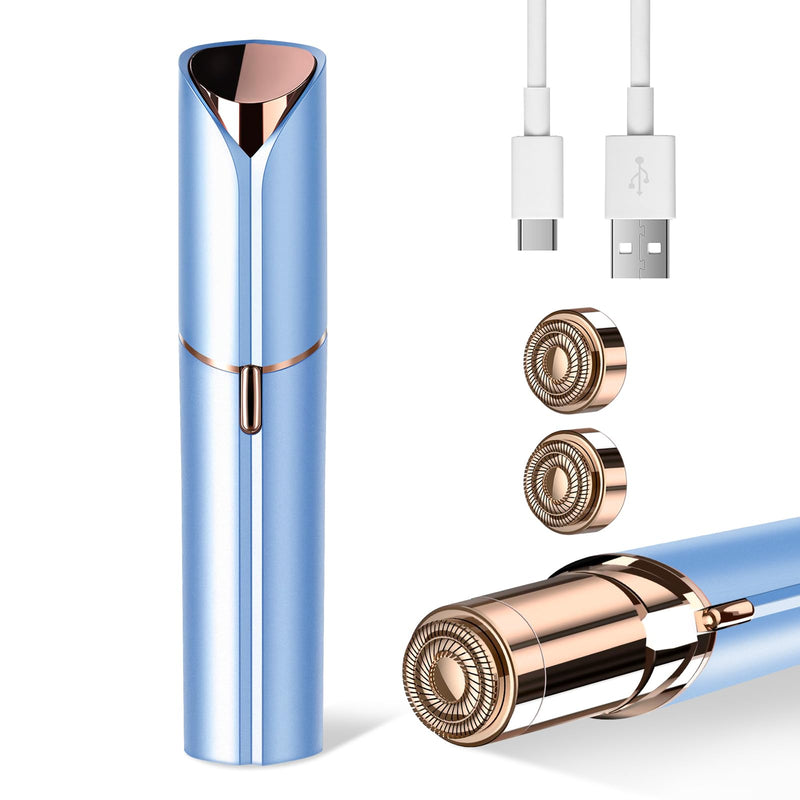 Facial Hair Remover for Women- as Seen on TV Painless Face Shaver -Mini Hair Remover, Electric Razor Shaver Portable Bikini Epilator for Lips, Chin, Armpit, Peach Fuzz, Fingers, Neck, Cheek Blue+2 Heads