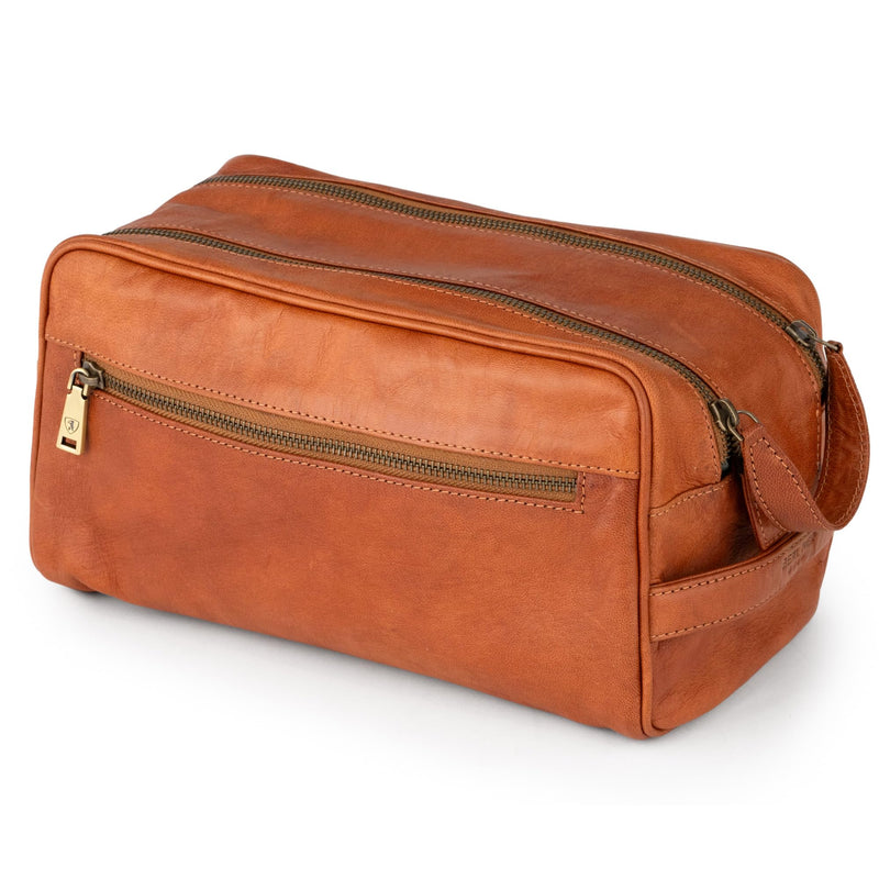 BERLINER BAGS Vintage Genuine Leather Toiletry Bag For Men Tim M, Brown | Leather Travel Bag, Large Capacity, 2 Zippered Compartments, Leather Handles, Cosmetics Bag for Men and Women Brown M