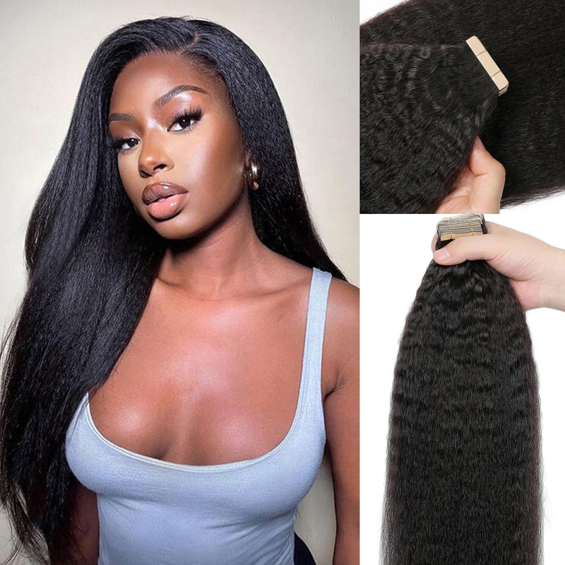 Tape in Hair Extensions Human Hair Kinky Straight Invisible Tape ins Hair Extensions Real Human Hair for Black Women 3c 4a Yaki Straight Tape Extensions 20pcs 16 Inch Kinky Straight 20pcs