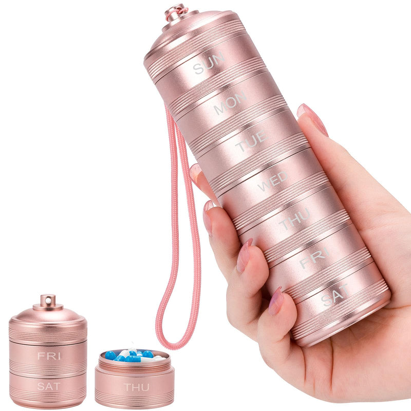 Metal Travel Pill Organizer Weekly - Waterproof Pill Box 7 Day Pill Case | Pill Container for Vitamin Medicine Supplements Fish Oil, Daily medicine Pill Organizer Pink L