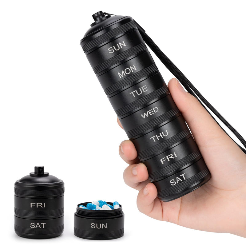 Metal Travel Pill Organizer Weekly Waterproof Aluminum Alloy 7 Day Pill Box | Large Compartments for Vitamins, Medicine, Supplements & Fish Oil, Portable Daily Pill Case Medication Container Black L
