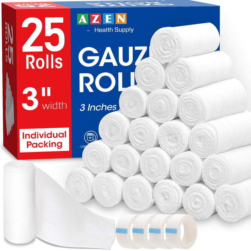 [Australia] - AZEN 25 Pack Gauze Rolls Bandages, 3 in x 4.1 Yards, Premium Medical Supplies & First Aid Supplies, Bandage Wrap Vet Wrap, Mummy Wraps A-25p 