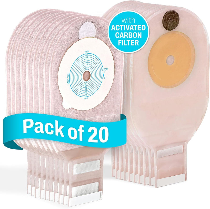 [Australia] - JJ CARE Colostomy Bags 20 PCS, One-Piece Pouching Ostomy Bags, No Mess Ostomy Supplies for Ileostomy, Colostomy, Urostomy Stoma Care with Odor Barrier, Drainable Ostomy Pouch with Cut to Fit Closure 