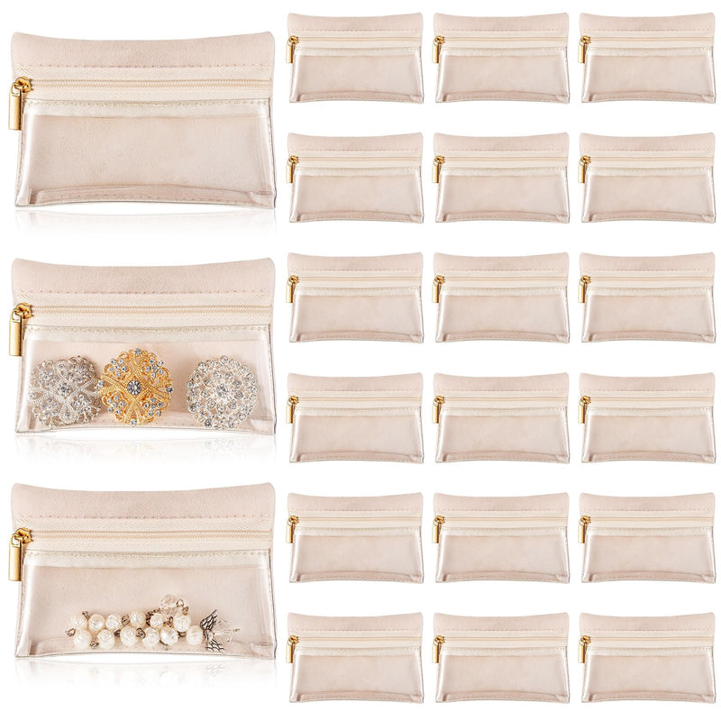 Uiifan Travel Jewelry Organizer Flannel Jewelry Bags Portable Jewelry Pouch with Zipper Pockets for Women Girl Gift 50 Beige and Clear