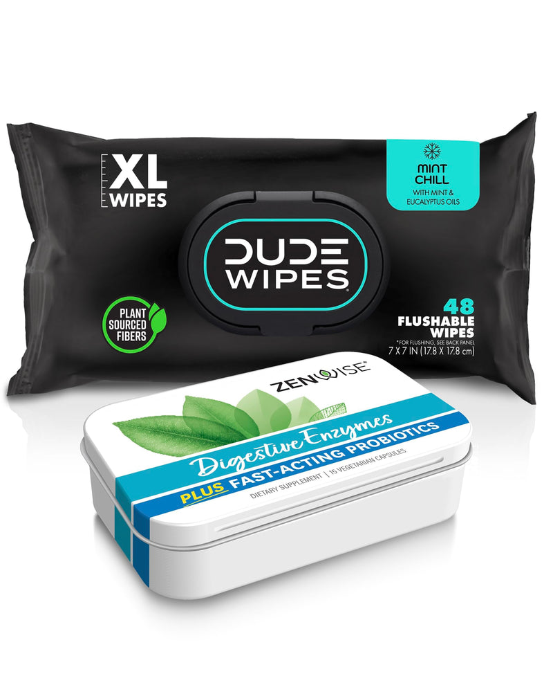 [Australia] - Dude Wipes & Zenwise #2 Bundle - 48 Flushable Wipes and 15 Digestive Enzymes with Probiotics and Prebiotics for Digestive & Gut Health 2 Count (Pack of 1) 