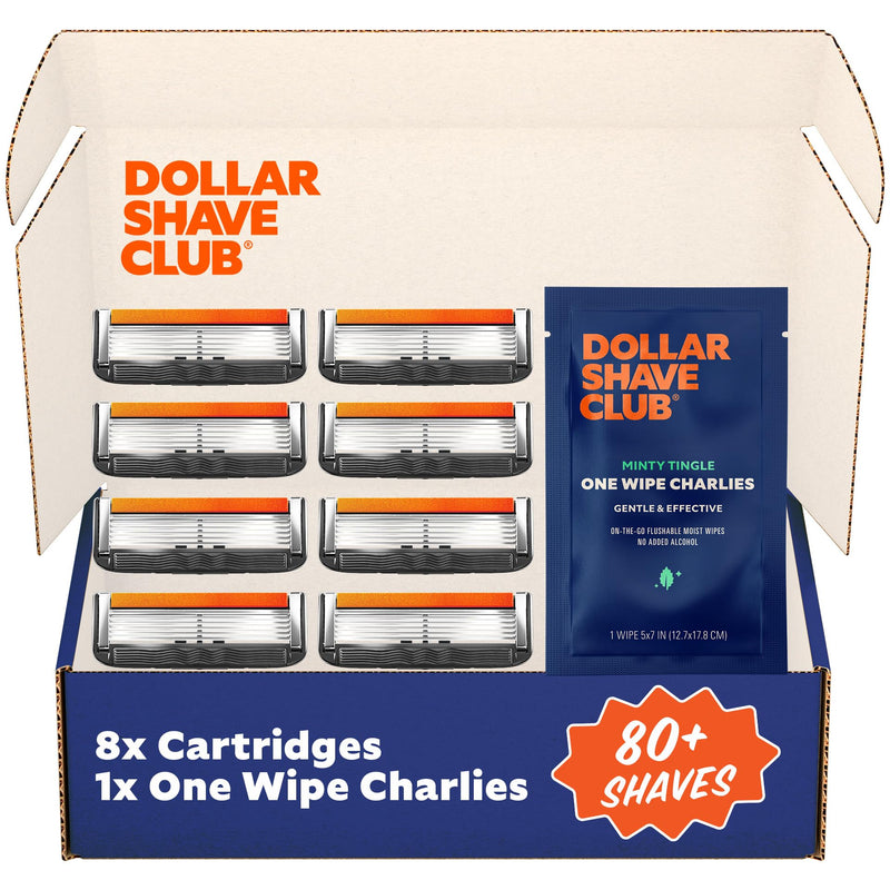 Dollar Shave Club | 6 Blade Razor Refills (8 Pack) | 6 Stainless Steel Blades for a Close & Comfortable Shave, 1 One Wipe Charlies 8 Count (Pack of 1)