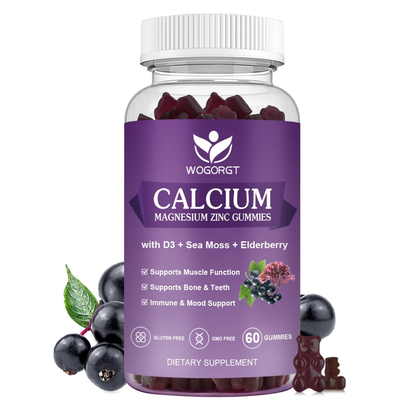 Calcium Magnesium Zinc Gummies with Vitamin D3 for Women & Men, Vegan, 60Ct | WOGORGT - Chewable Calcium Magnesium Zinc D3 Supplement with Sea Moss, Elderberry for Bone & Teeth, Daily Wellness Support 60 Count (Pack of 1)