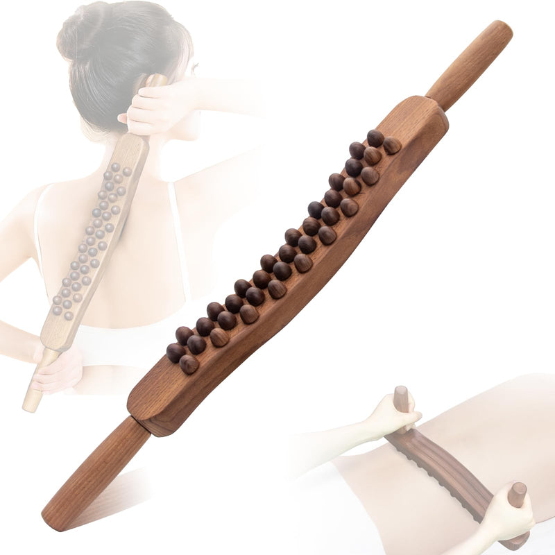 [Australia] - Guasha Wood Stick Tools Wooden Therapy Scraping Lymphatic Drainage Massager, Double Row 34 Beads Point Treatment Gua Sha Tools for Back Leg (34 Beads) 