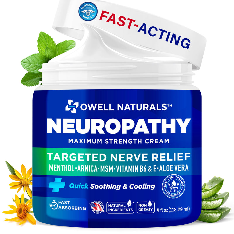 Owell Naturals Neuropathy Cream Extra Strength – Fast Absorbing for Legs, Feet & Hands – Advanced Soothing Formula with Aloe Vera, Arnica, MSM & Vitamin B6 – Made in USA, 4 fl oz 4 Fl Oz (Pack of 1)