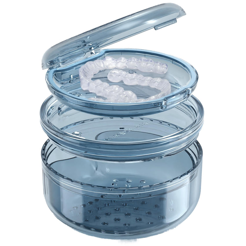 [Australia] - Denture Case Retainer Cleaning Case: 2 in 1 Retainer Case, No-Leak Denture Bath Box Cup, Complete Clean Care for Dentures, Clear Braces, Mouth Guard, Night Guard & Retainers Blue 