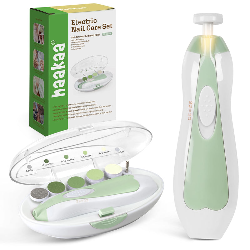 [Australia] - haakaa Baby Nail File Electric Baby Nail Care Set with LED Light, Baby Nail Clippers for Newborn/Infants/Adults Toenails and Fingernails, 6 Replacement Heads & Storage Case, Green 