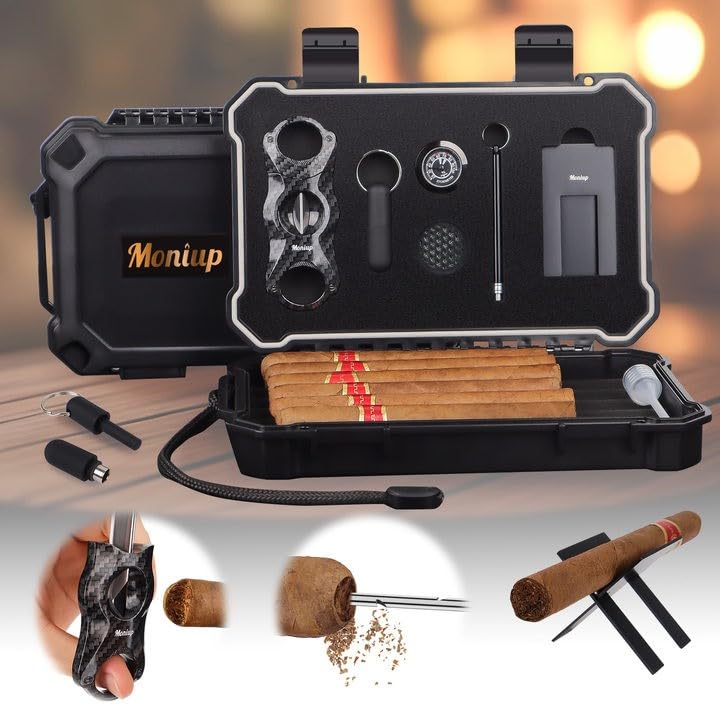 [Australia] - Travel Cigar Humidor Box Set with Cigar V Cutter, Cigar Punch, Cigar Holder, Cigar Drawer Enhancer, Humidifier & Hygrometer, Portable Outdoor Cigar Case with Cigar Accessories Kit, Cigar Gifts for Men Large Black 