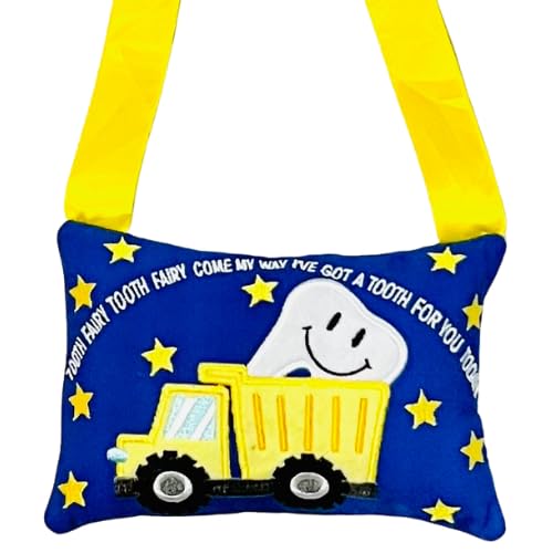 [Australia] - Tooth Fairy Pillow w/ Fun Dump Truck Design - Tooth Fairy Tooth Holder w/ Handle -Large Pocket, Easy Hang Tooth Fairy Accessories for boys - Perfect Tooth Fairy Gift with Cute Saying - 4 x 6 inches 