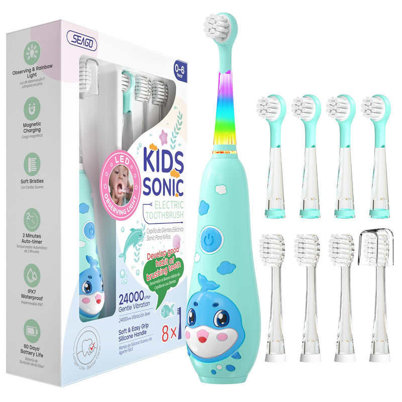 [Australia] - SEAGO Kids Electric Toothbrushes Rechargeable, Children's Power Toothbrushes with Magnetic Charging, LED Observing Light, 8 Toothbrush Heads for Ages 3+ Boys Girls (Blue) Blue 
