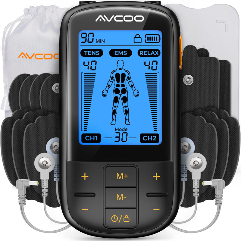AVCOO 3-in-1 TENS Unit Muscle Stimulator with 30 Modes, 40 Intensities TENS Machine for Gradual Back Pain Relief Therapy, Rechargeable EMS Unit Massager with 12 TENS Electrode Pads, a Storage Bag Black