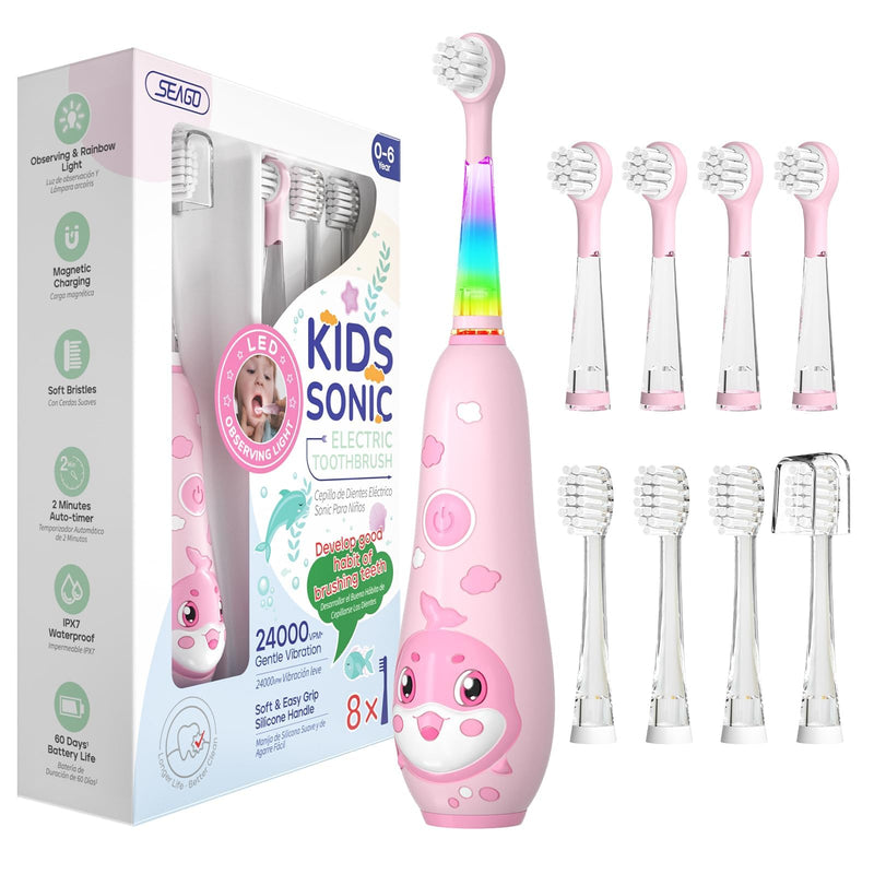 [Australia] - SEAGO Kids Electric Toothbrushes Rechargeable, Toddler Electric Toothbrush with Magnetic Charging, LED Observing Light, 8 Toothbrush Heads for Ages 2-4-6 Boys Girls (Pink) Pink 