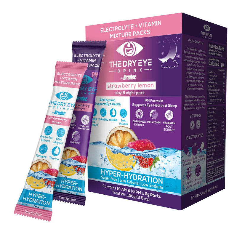 l Ultimate Hydration for Dry Eyes l Sugar-Free Electrolyte Powder Packets l Blended with Vitamins, Green Tea, Turmeric, Taurine, and DHA l 5g x 20 Packets (Strawberry Lemon AM/PM)