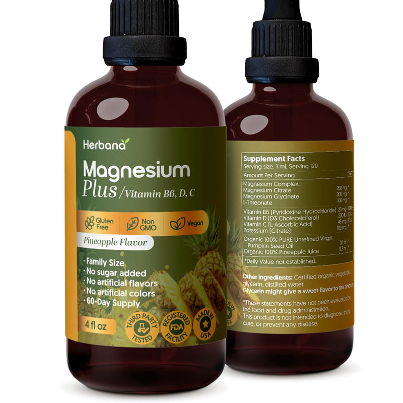 Herbana Manufacturing Magnesium Plus Pineapple Flavor - Magnesium Citrate, Glycinate, L-Threonate & Vitamin B6, D, C - Liquid Drops Supplement 4 fl oz - Advanced Complex - 60-Day Supply