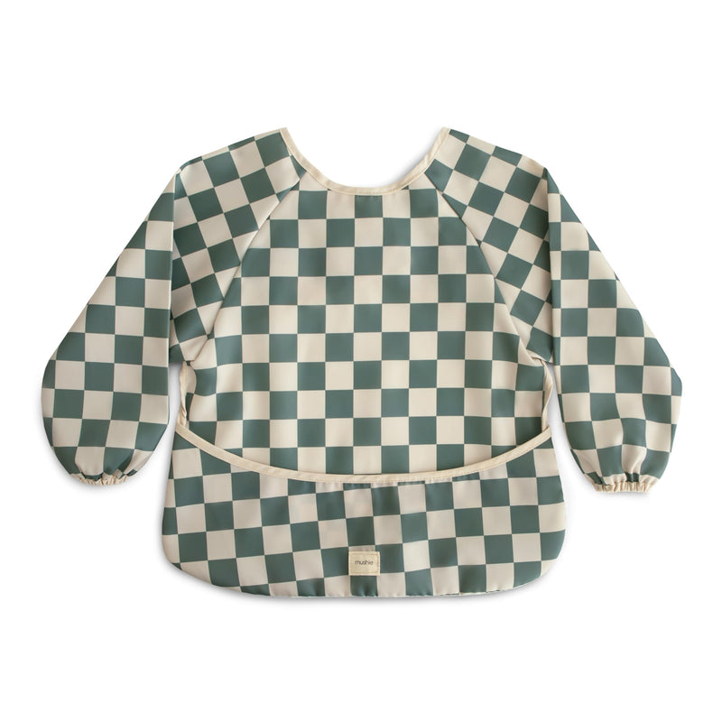 [Australia] - mushie Long Sleeve Baby Bib | Mess Free & Waterproof Fabric for Toddlers | Adjustable Fit for Ages 6-24 Months Olive Check 