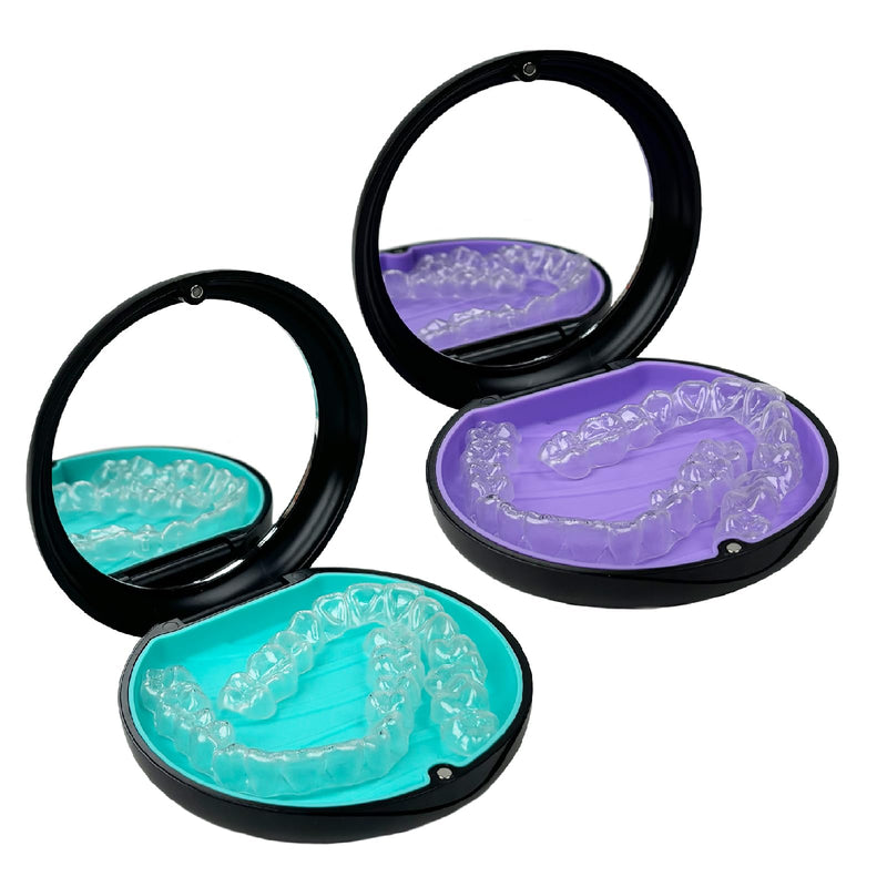 [Australia] - 2 Pack Aligner Case with Mirror,Convenient Retainer Case for Invisalign Aligners, Night Guards, and Mouth Guards (1PC Black Cyan+1PC Black Purple) 1PC Black Cyan+1PC Black Purple 
