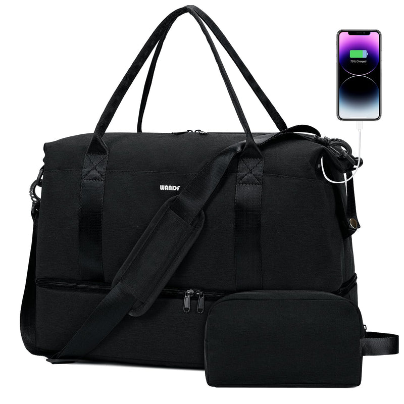 WANDF Personal Item Travel Bag, Carry On Weekender Bag for Women | 18x14x8 inches, Frontier Underseat Fit, Shoe Compartment, Weekend Overnight Trips Black