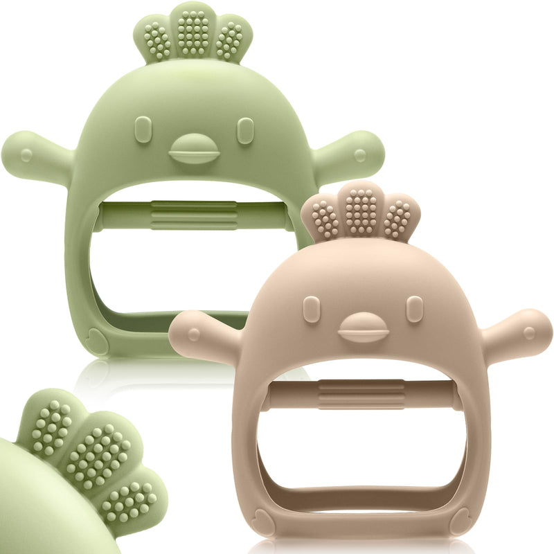 [Australia] - 2 Pack Baby Teething Toys for 0-6 6-12 Months, Never Drop Infant Teether Teething Mitten Toys for 0 3 6 9 12 Months, Newborn Soothing Teething Toy Gifts for 1 One Year Old Baby Boys Girls Beige & Green 