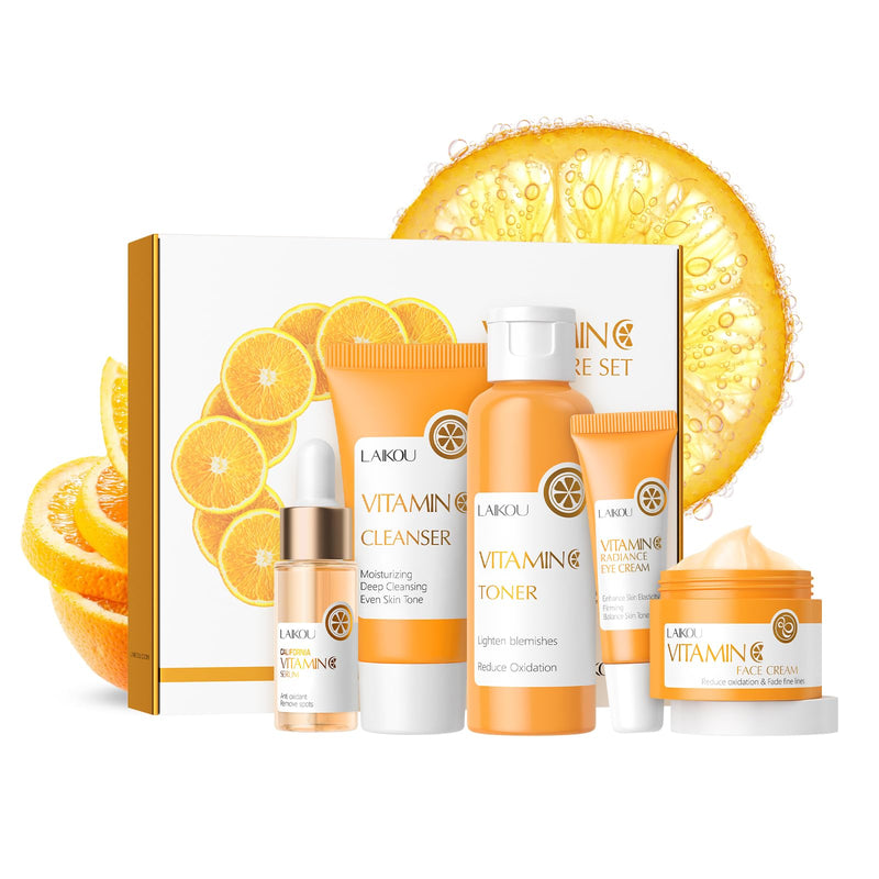 LAIKOU Vitamin C Skin Care, Skin Care Set Beginner Kit TSA-friendly 5pcs | Cleanser, Toner, Serum, Eye Cream, Face Cream for Women Teen Girls Mom Daughter Mother's Day Christmas Birthday