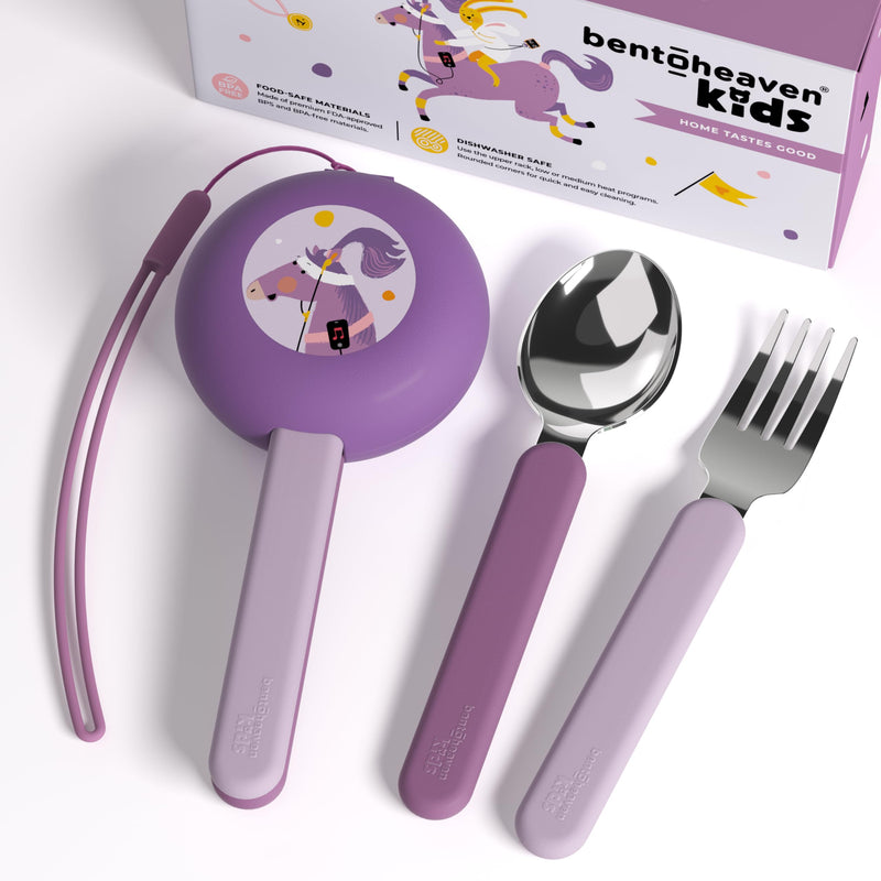 [Australia] - Bentoheaven Kids Travel Utensils with Case, Food-Grade Stainless Steel & BPA-Free Plastic, Travel Cutlery Set, Dishwasher Safe Fork, Spoon & Case, Reusable Flatware, Silverware for Kids (Horse) Mauve 