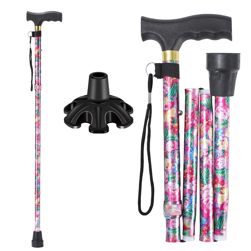 [Australia] - Walking Cane ATMTV Cane for Woman | Mobility & Daily Living Aids | 5-Level Height Adjustable Walking Stick | Comfortable Plastic T-Handle Portable Folding Cane with Replace Tip Purple Flower A-Cane Pink Printing 