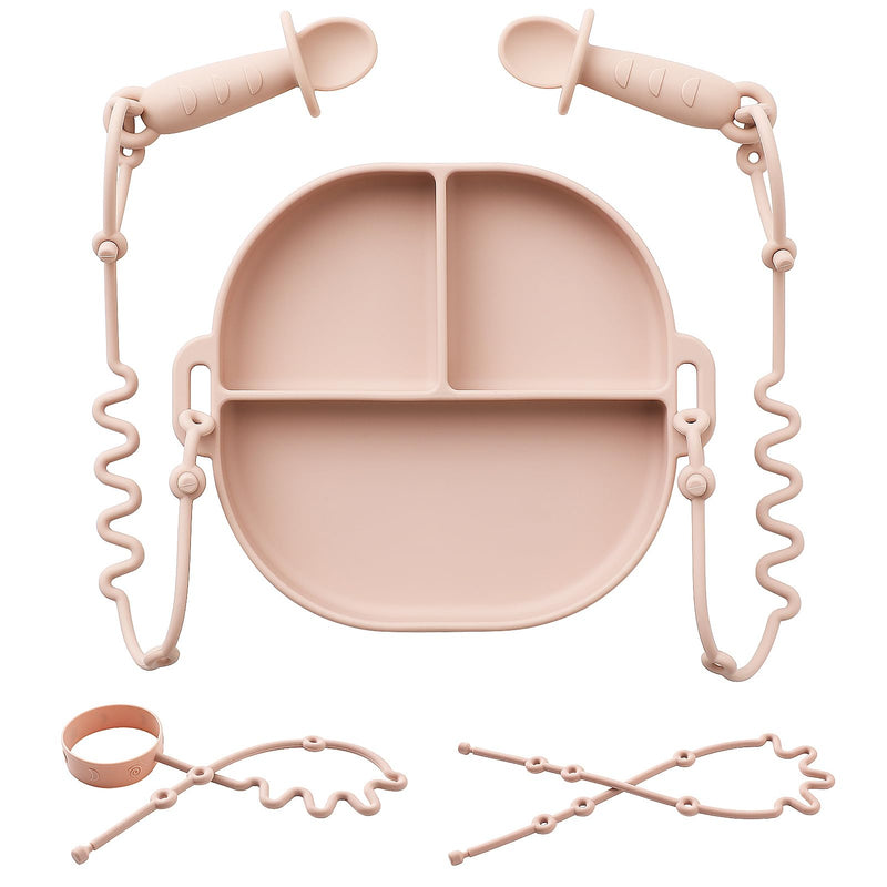 [Australia] - Silicone Plates for Babies with Suction Divided Baby Spoons Silicone Baby Toy Straps All-in-one Plates Silicone Placemat for Babies Toddlers Attachable Tethers & Built-in Suction Cups-Blush Blush 